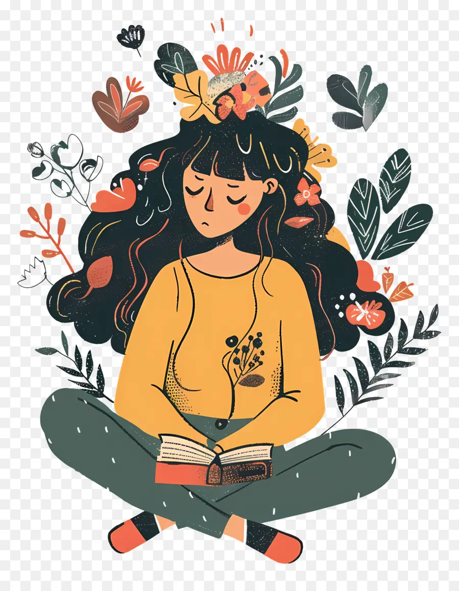 psychische Gesundheit junge Frau Lotus Position Lesebuch lang dunkle Haare - Frau Lesebuch im Wald, entspannte Umgebung