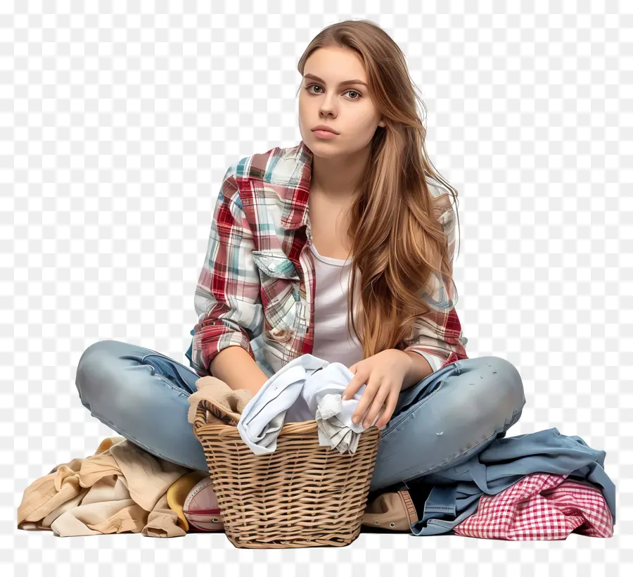 laundry woman upset woman messy hair plaid shirt boots