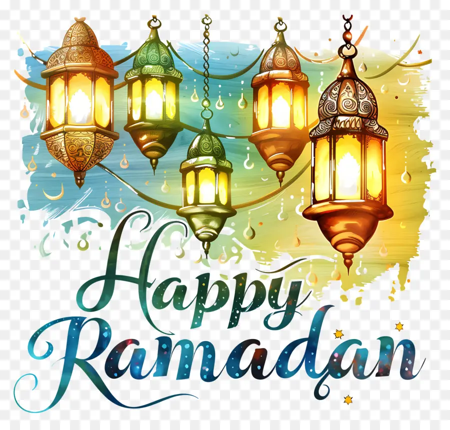 happy ramadan ornate lamps colorful decor hanging decorations festive lighting
