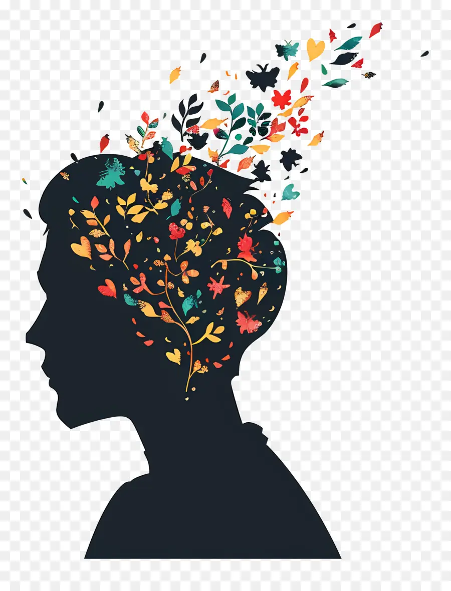 donna di salute mentale silhouette lascia fiori - Profilo della donna con foglie, fiori sul nero