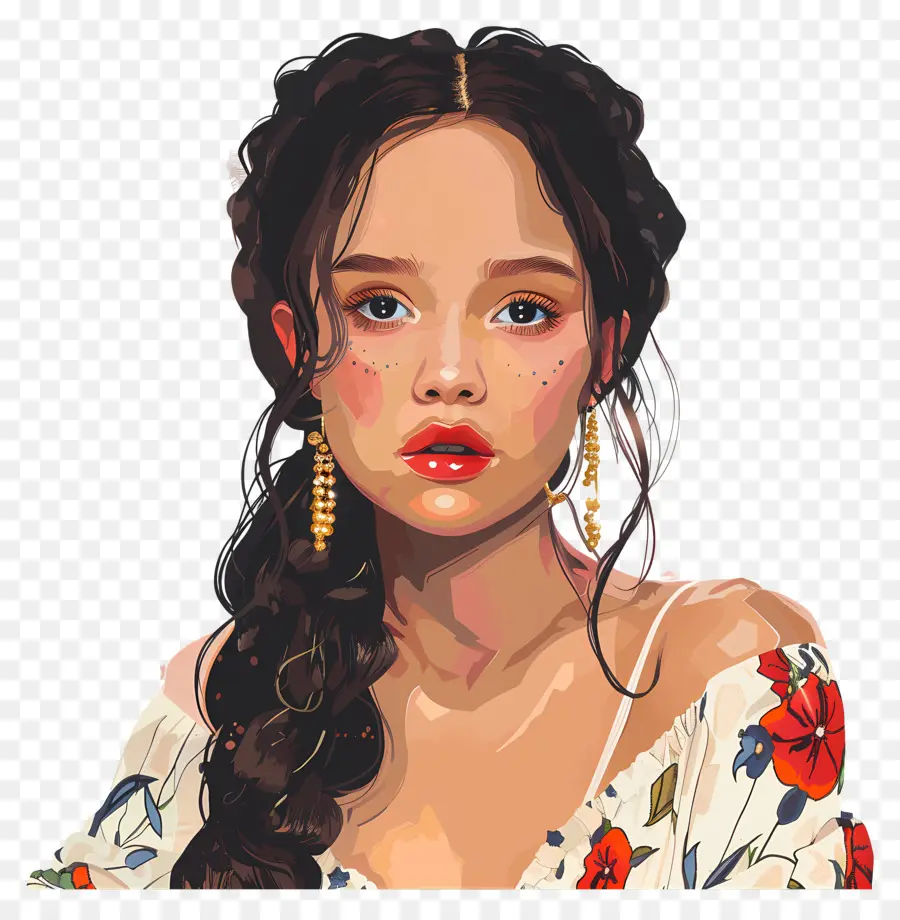 Jenna Ortega digitales Gemälde junge Frau geflochtene Frisur rote Lippen - Digitales Gemälde der selbstbewussten jungen Frau