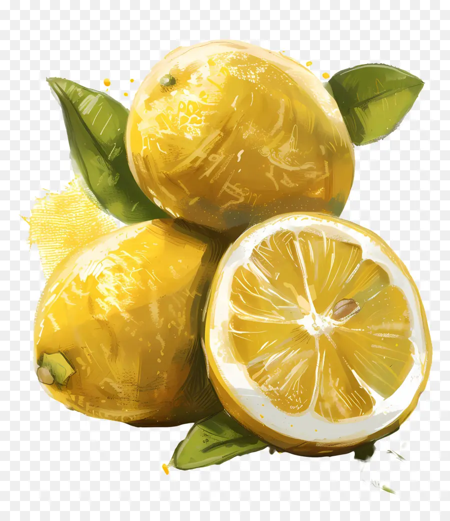 lemons watercolor illustration slices leaves 5.yellow