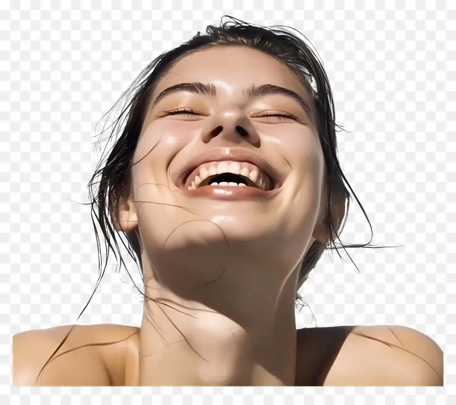 lachende Frau Frau lacht glückliches Lächeln - Frau lacht, Haare wellig, Hintergrund schwarz