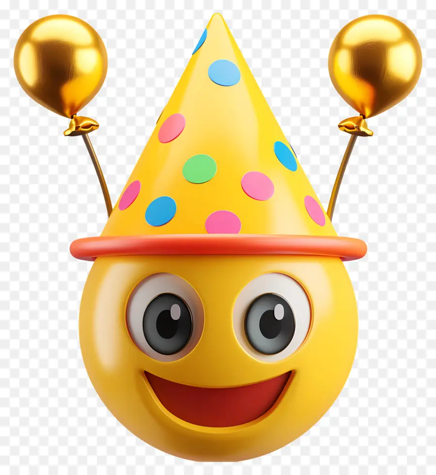 cappello di partito - Felice personaggio dei cartoni animati gialli con palloncini