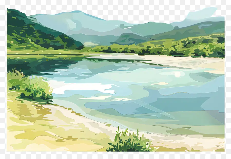 paesaggio estivo - Scena del fiume tranquillo con montagne, cielo chiaro