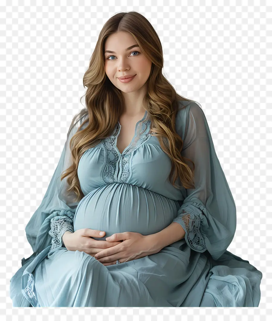 Schwangere Frau Schwangere Frau Blaues Kleid langes Haar dunkles Stirnband - Schwangere Frau in blauem Kleid lächelnd