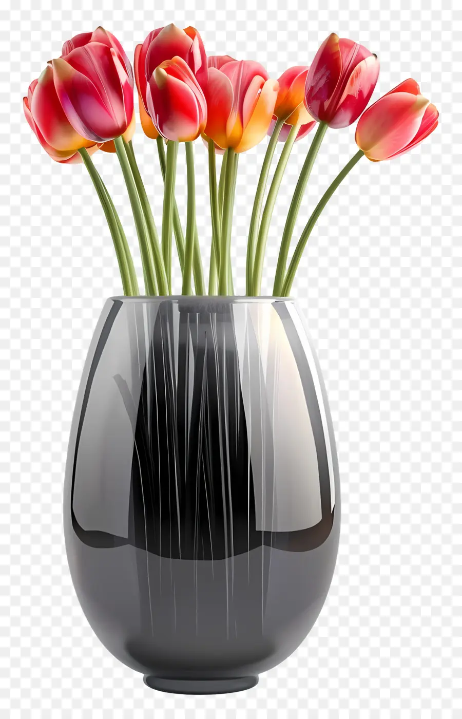 la disposizione dei fiori - Vaso nero con tulipani rossi, steli verdi