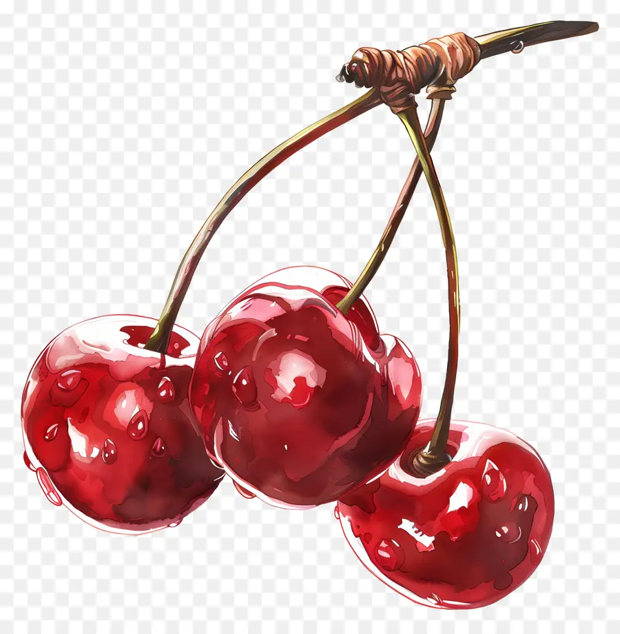 maraschino cherries red cherries watercolor painting branch black background