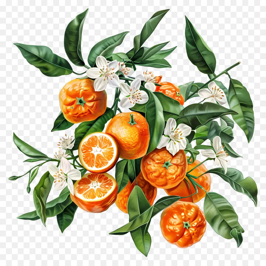 clementines oranges orange slices green leaves realistic