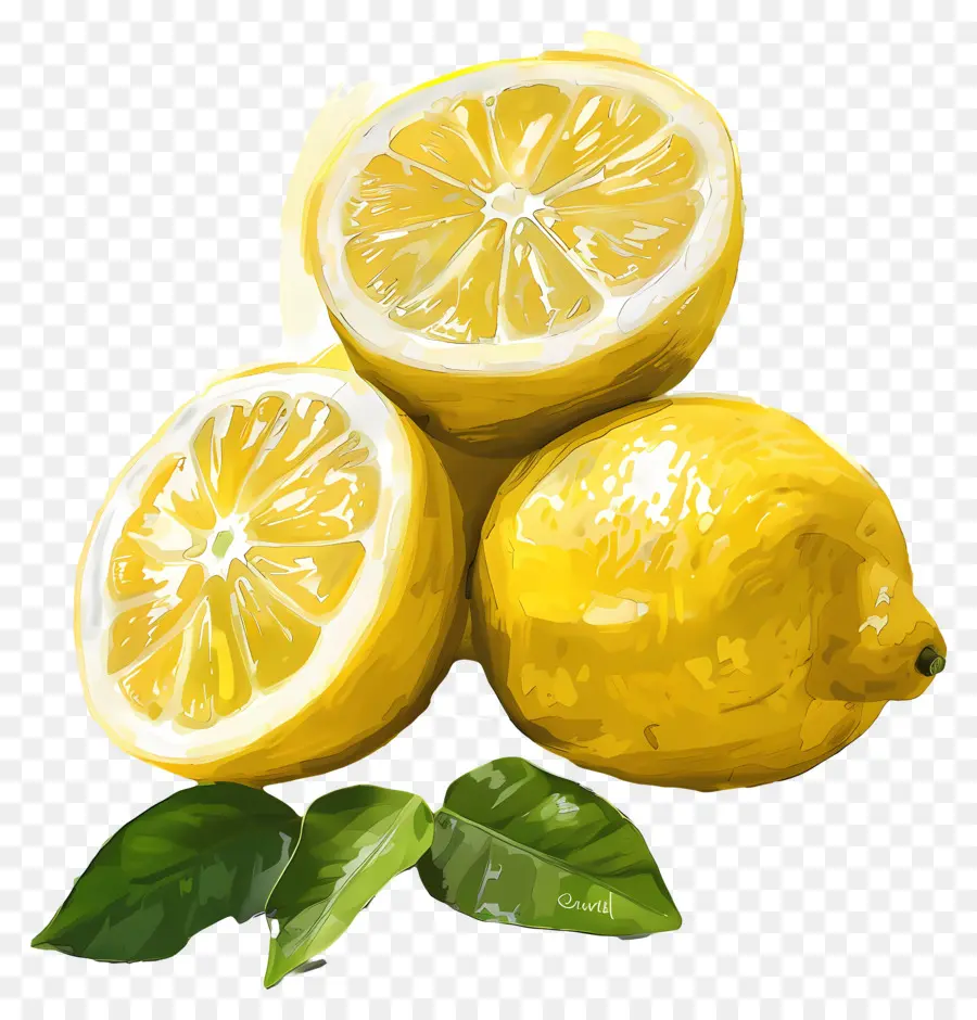 Zitronenbaum - Frisch geschnittene Zitronen mit Blättern, lebendige Farben
