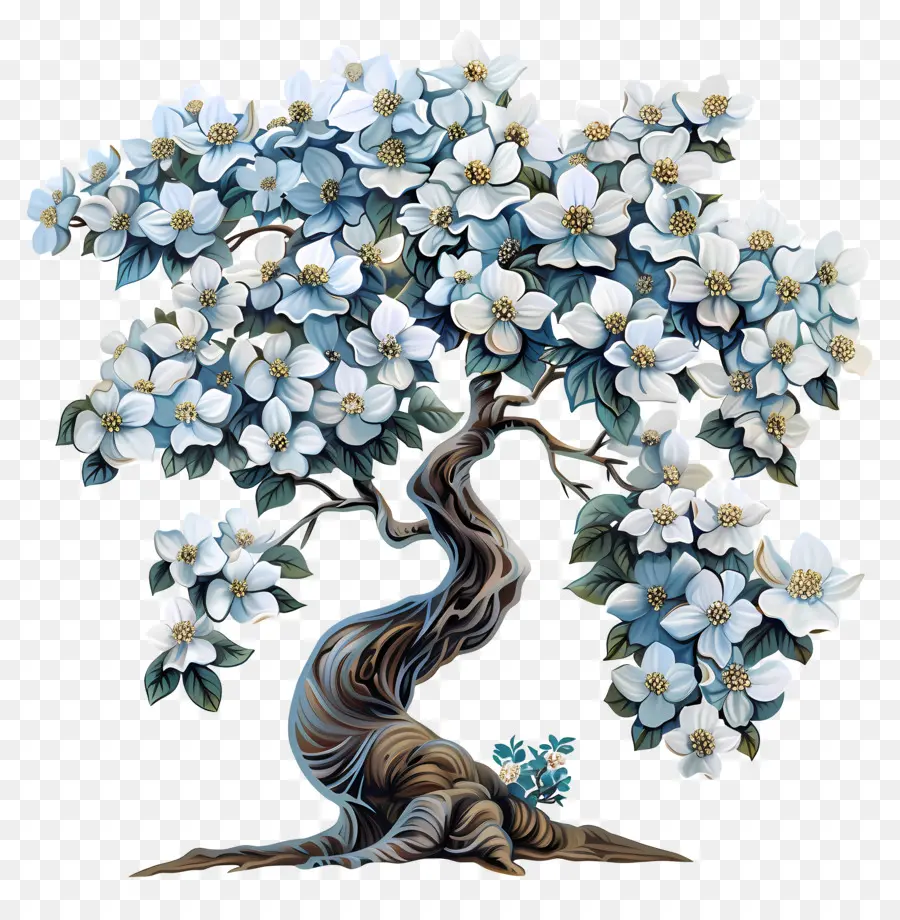 Albero di legno - Tronco nodoso, fiori bianchi, foglie intricate