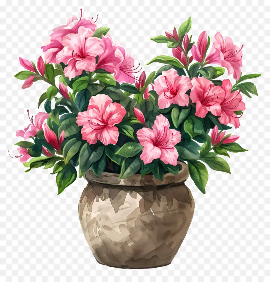 Azalea pflanzliche Topfpflanze rosa Blumen Bouquet Malerei - Topfpflanze mit rosa Blumen auf schwarzem Hintergrund