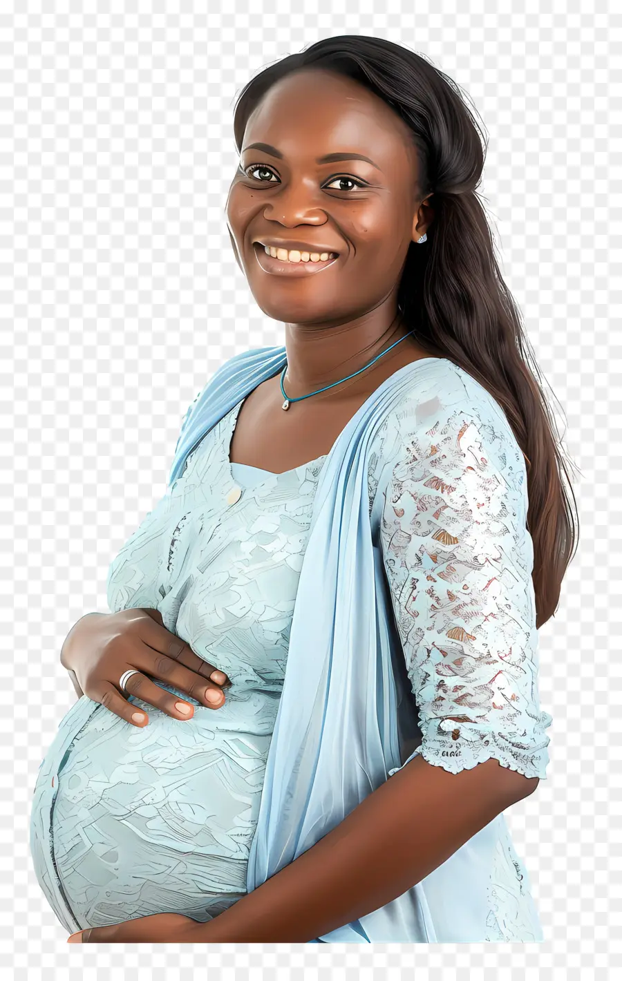 Schwangere Frau Schwangerschaft Mutterschaft Baby Bump Schwangerschaft Mode - Schwangere Frau in blauem Kleid lächelte zuversichtlich
