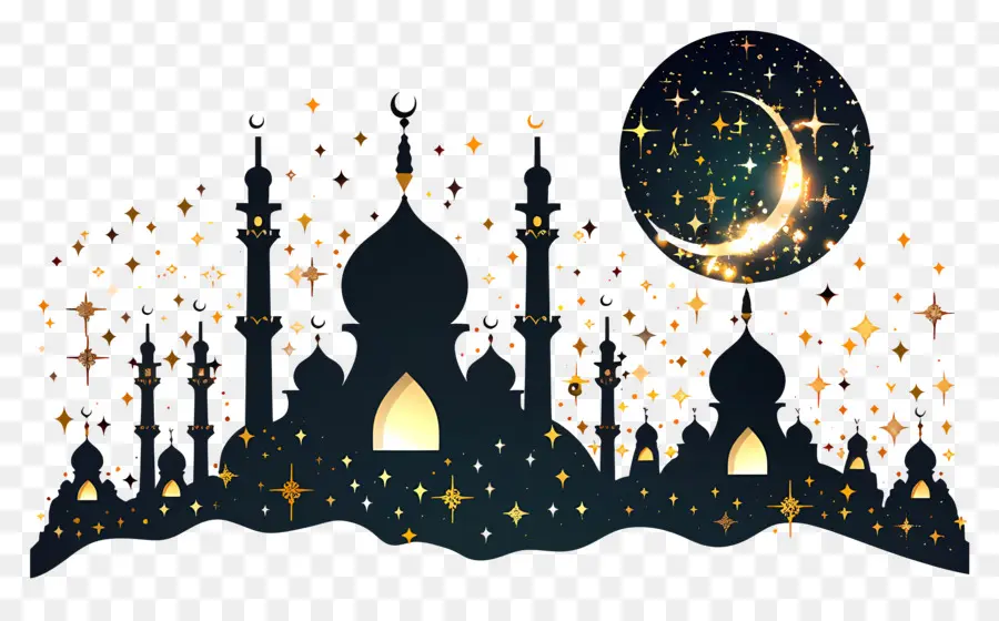 Eid Al Fitr - Moschea pacifica illuminata dalla luna e dalle stelle