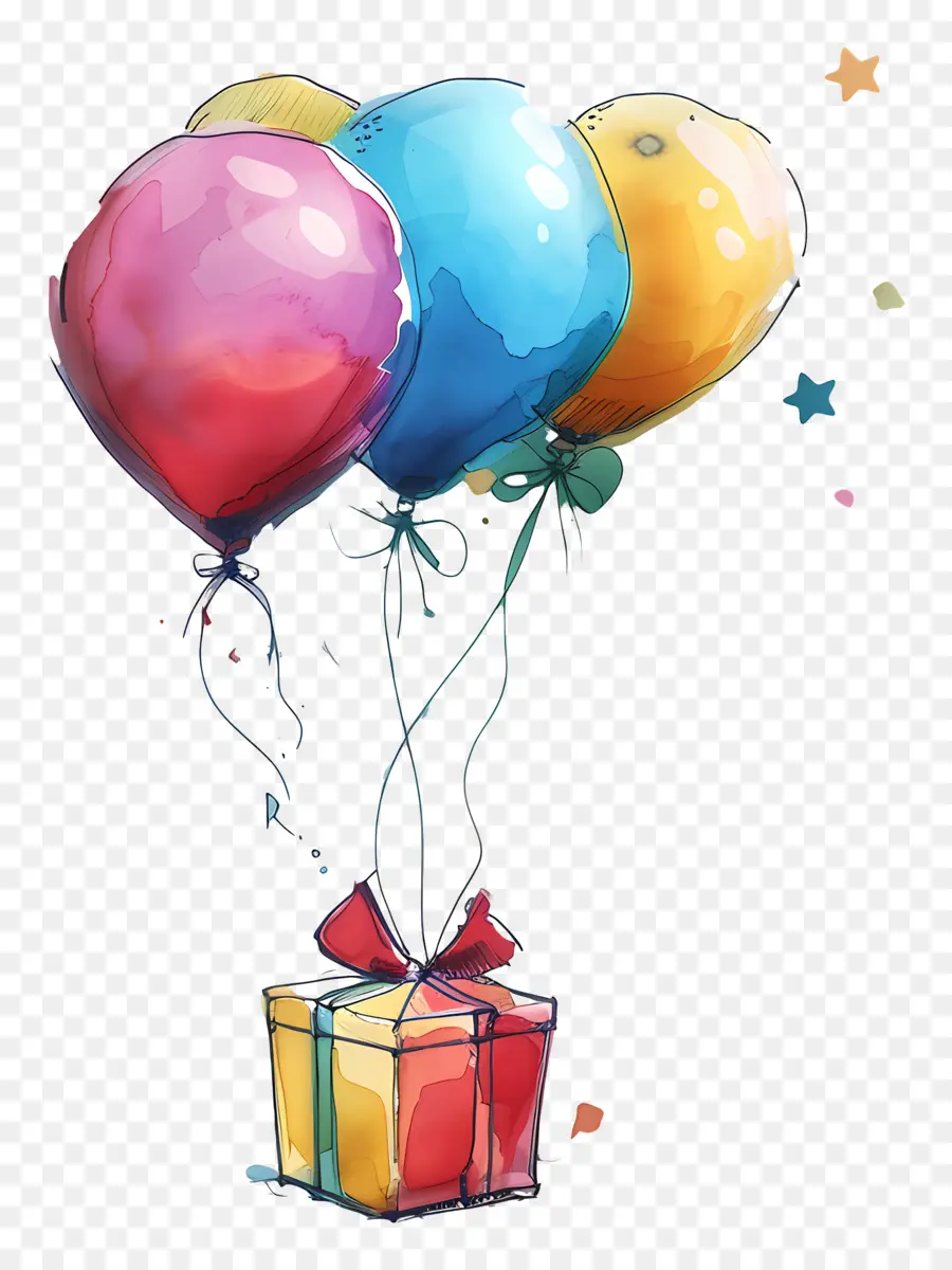 Geburtstag wünschen - Bunte Luftballons schweben oberhalb der Geschenkbox