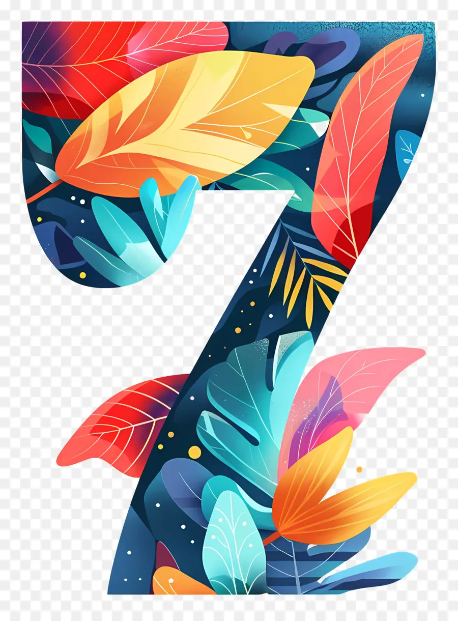 number 7 colorful leaves abstract art floating letters dark background