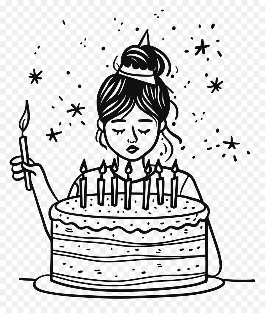 desiderio di compleanno - Giovane ragazza che tiene torta, sotto le stelle. 
Espressione riflessiva