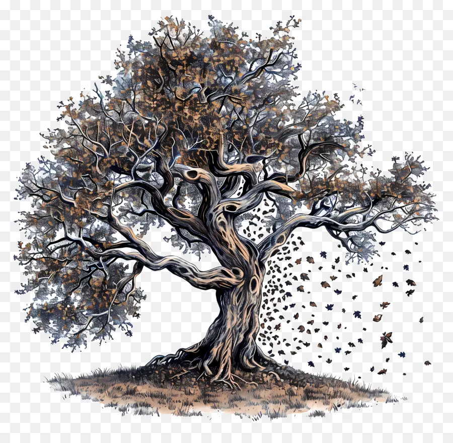 Eiche - Detaillierte Zeichnung von wirbelnden Eichenbaumblättern