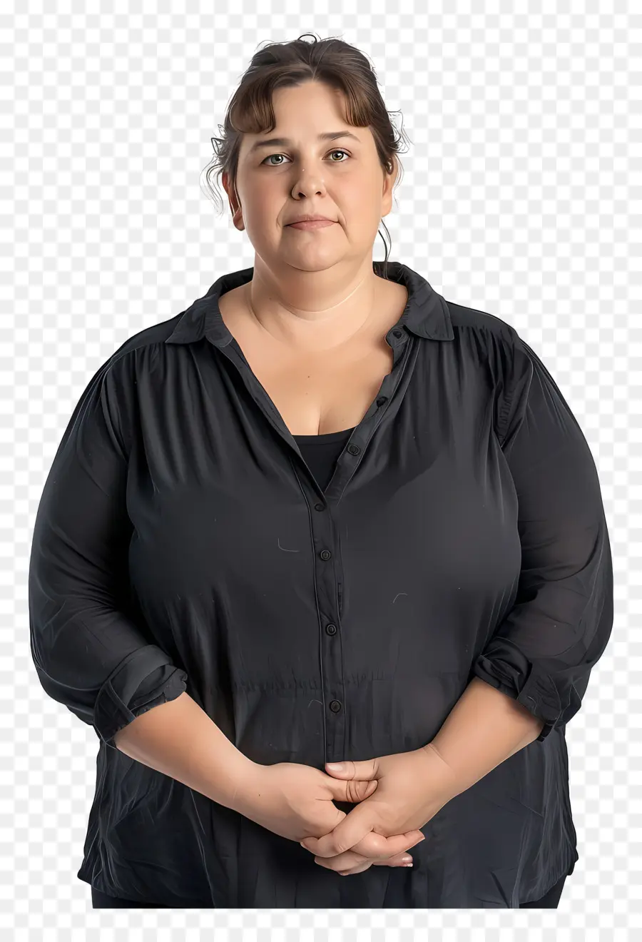 fettleibige Frau Frau schwarzes Hemd dunkle Haare verschränkte die Arme - Frau im schwarzen Hemd verkleinert die Hände feierlich