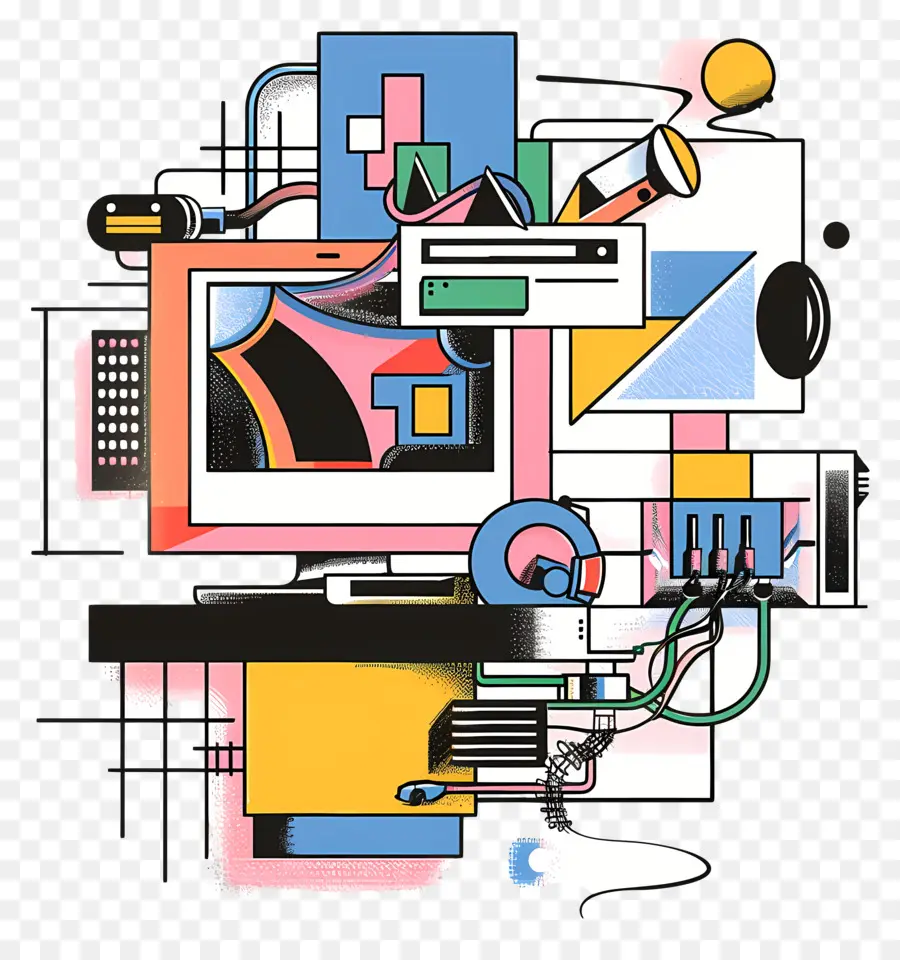 Mạng máy tính Thiết kế hình học hình dạng màu sắc máy tính - Thiết kế hình học đầy màu sắc với máy tính và vật thể