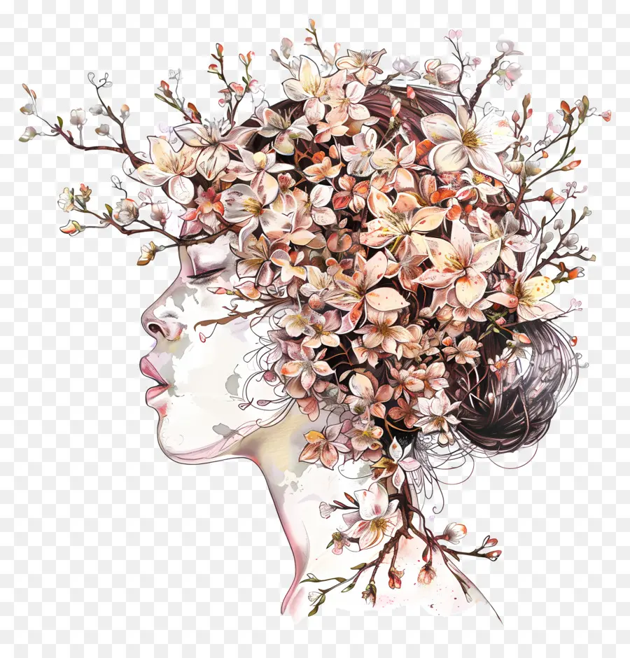 donna arte digitale mentale fiori sfondo nero - Faccia da donna con fiori bianchi, femminile morbido
