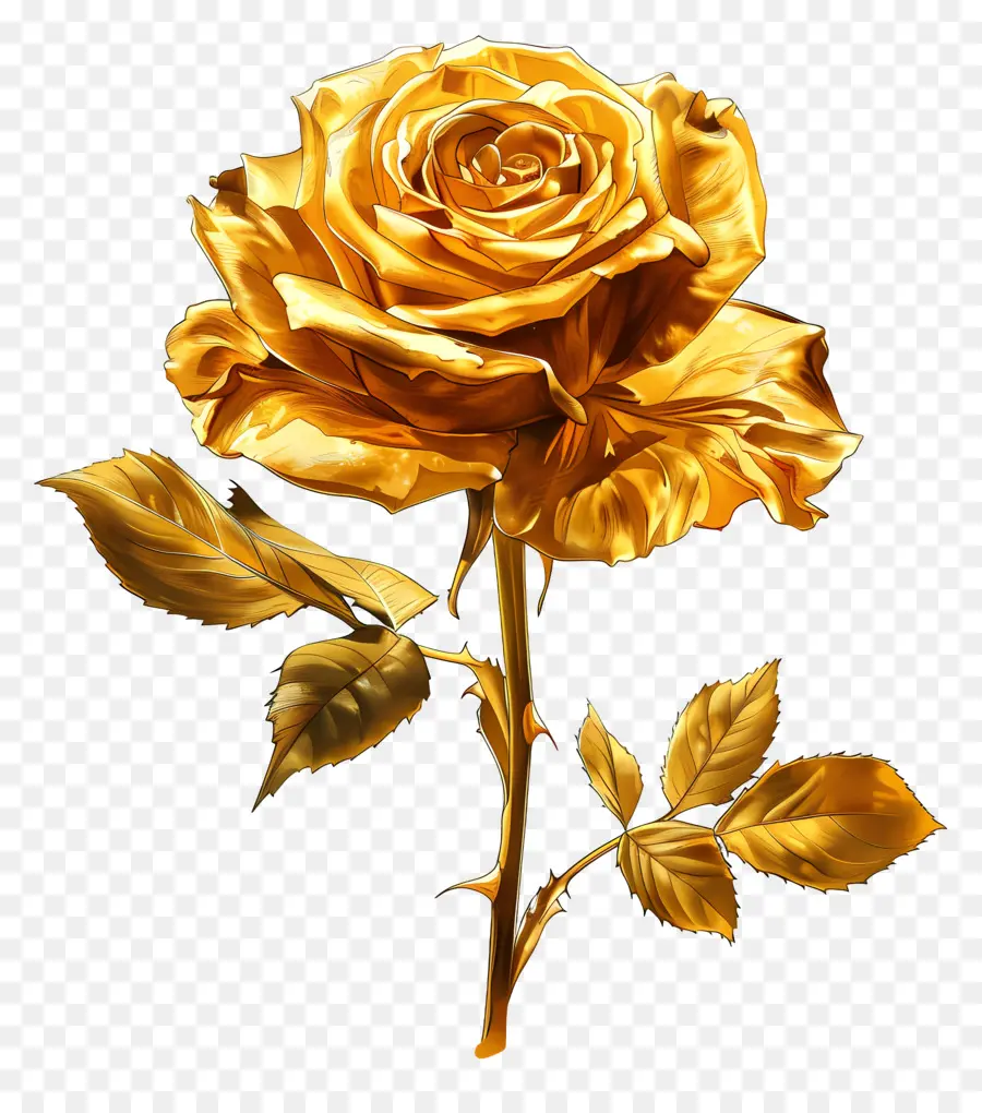 Goldrose - Abstrakte goldene Rose mit Blättern und Dornen