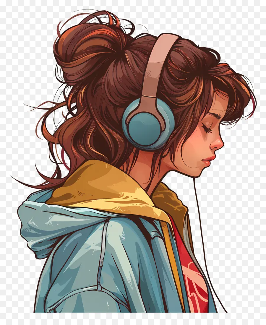listening to music young woman long hair blue hoodie headphones