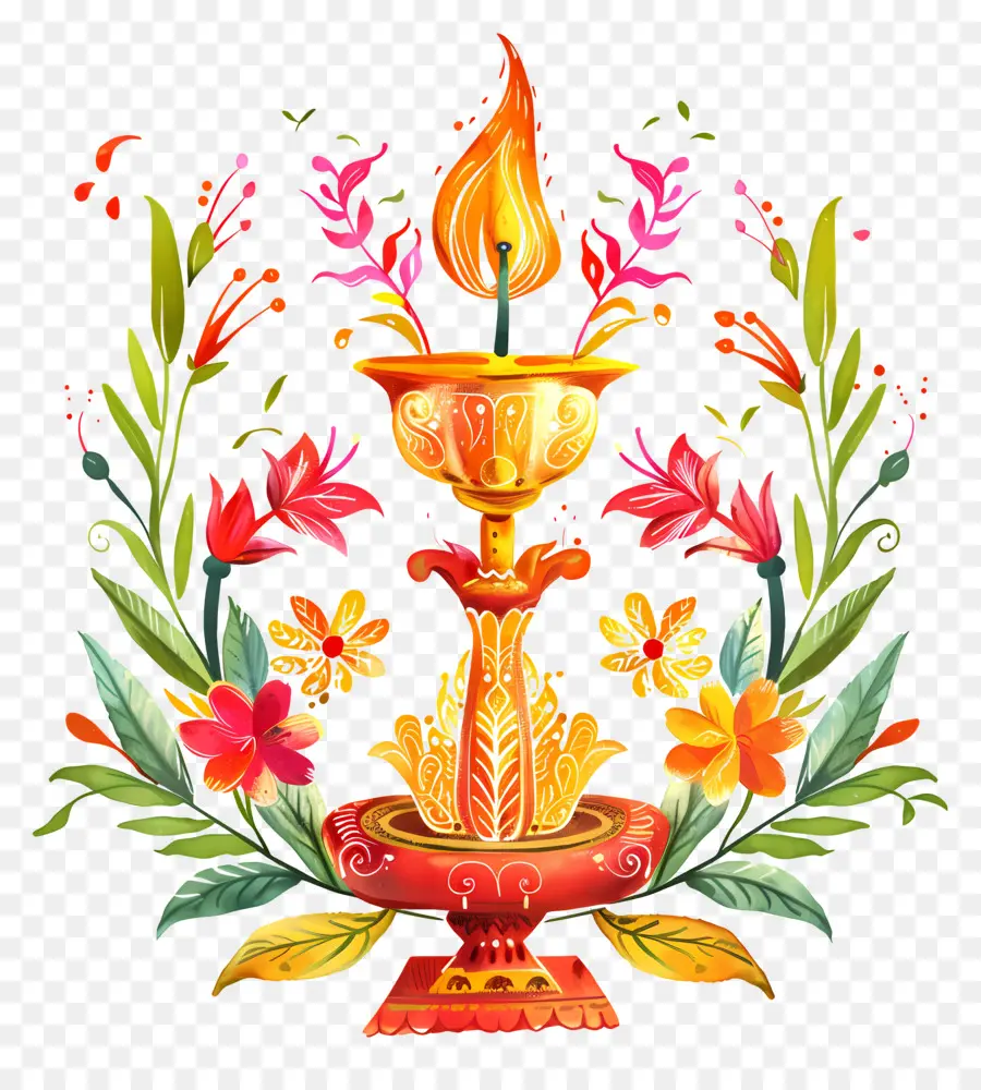 Gudi Padwa - Festlicher Kerzenhalter mit Blumendekorationen