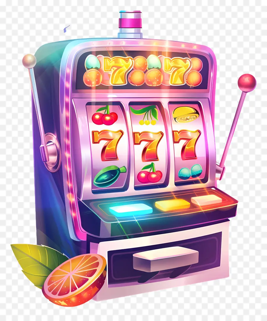 Slot Machine Slot Machine Casino -Reels Symbole - Leuchtende Schlitzmaschine mit Obstsymbolen, Münzen