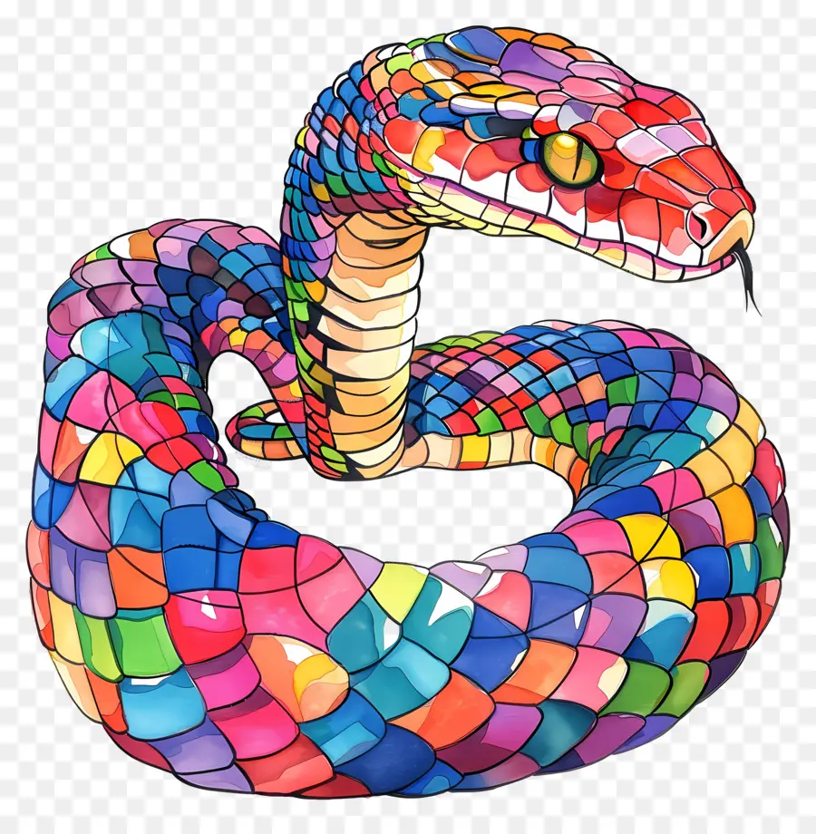 Schlange Buntes Schlangenmosaik -Effekt glänzender Skalen dynamisches Erscheinungsbild - Farbenfrohe mosaische Schlange mit bedrohlicher Ausdruck