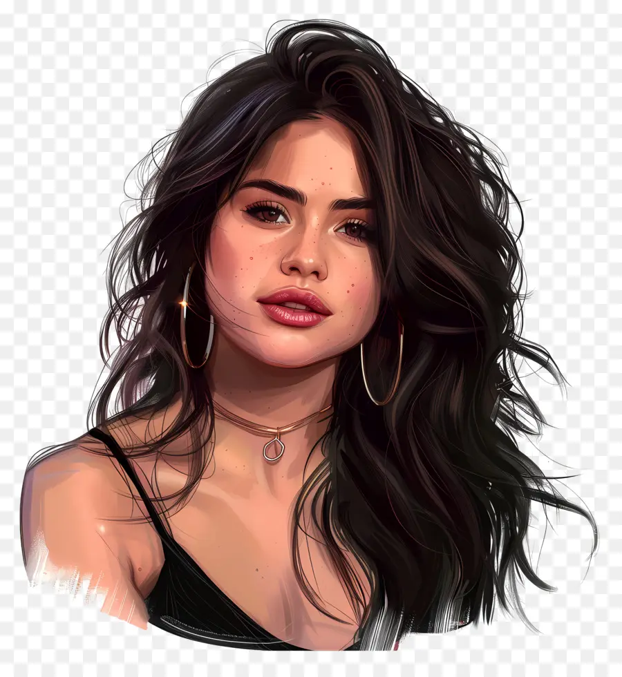 Selena Gomez Langes dunkles Haar schwarzer Oberteil große Reifen Ohrringe ernsthafter Ausdruck - Dunkelhaarige Frau mit ernstem Ausdruck und schwarzem Lippenstift