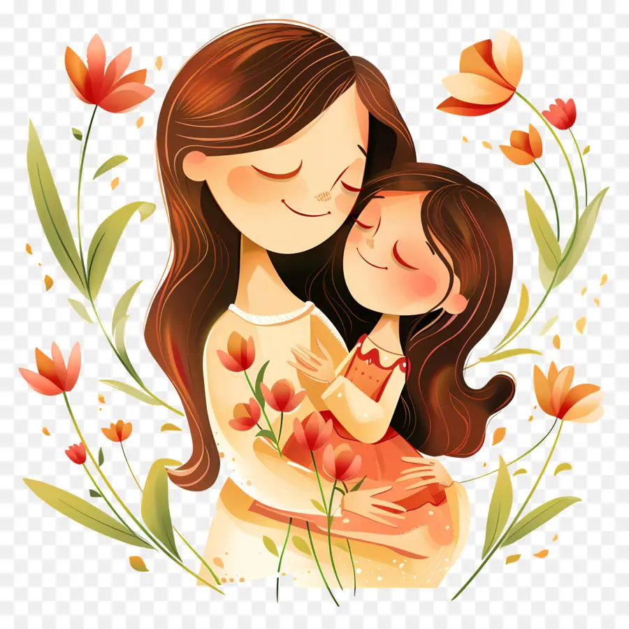 ngày của mẹ - Mẹ ôm em bé trong cảnh hoa sáng