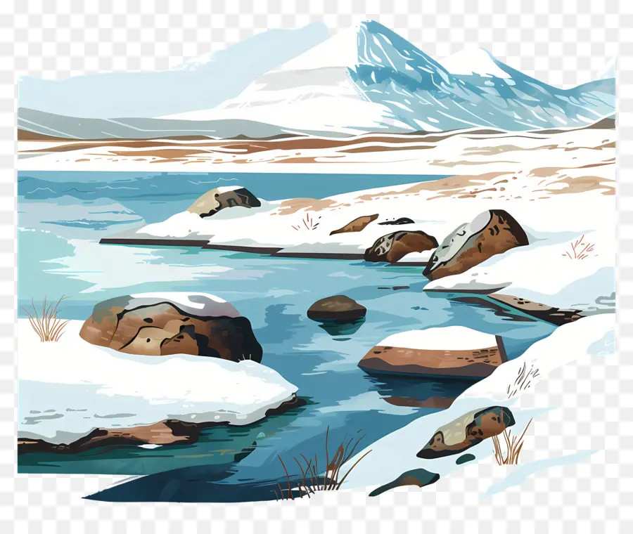 paesaggio invernale - Snowy Mountain paesaggio con rocce, acqua, nuvole