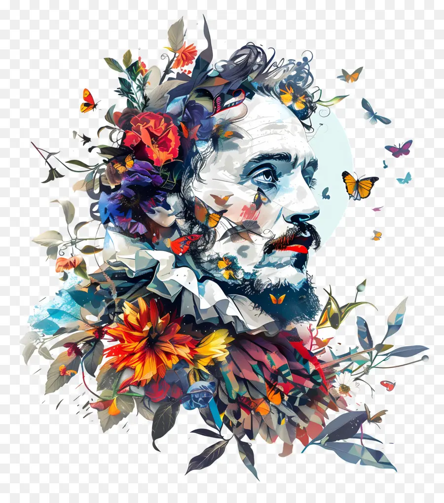 farfalle di Shakespeare Day Man Face Ecstasy - L'uomo circondato da gioiose farfalle in serenità