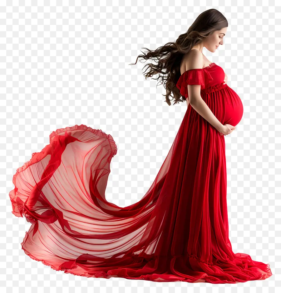 Donna incinta in gravidanza Maternità Abito rosso in attesa madre - Donna incinta in abito rosso in posa magnificamente