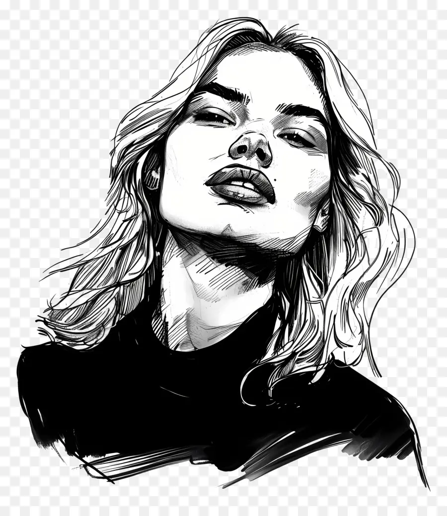 Margot Robbie Woman Turtleneck Sighi di disegno in bianco e nero con gli occhi chiusi - Donna rilassata in dolcevita con gli occhi chiusi