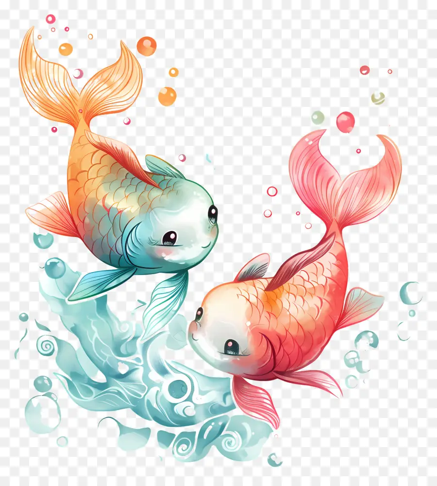 trái cam - Hai con cá đầy màu sắc bơi trong đại dương đầy bong bóng