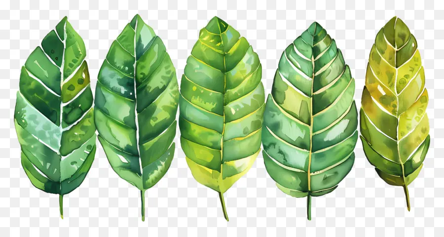 Mangoblätter Aquarellgrüne Blätter lebendige fette Farben - Fünf lebendige Aquarellgrün -Blätteranordnung