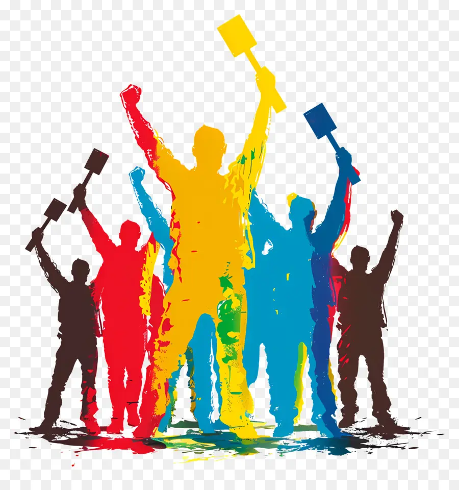 Tag Der Arbeit - Gruppenformingkreis, farbenfroher Hintergrund, freudige Feier