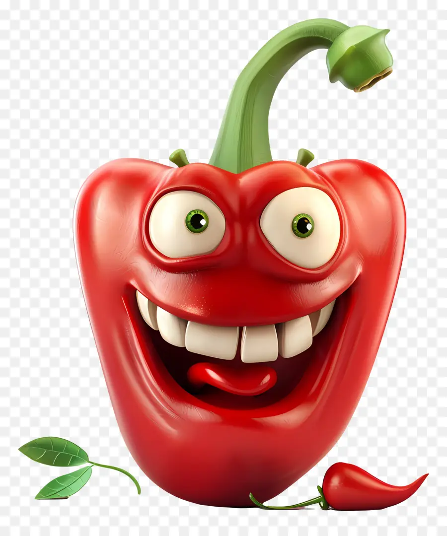 3D -Cartoon Gemüse Rot Pfeffer lächelnden Gemüse computergeneriertes böses Grinsen erzeugt - Rotes Pfeffer mit zahnigem Lächeln und Blättern