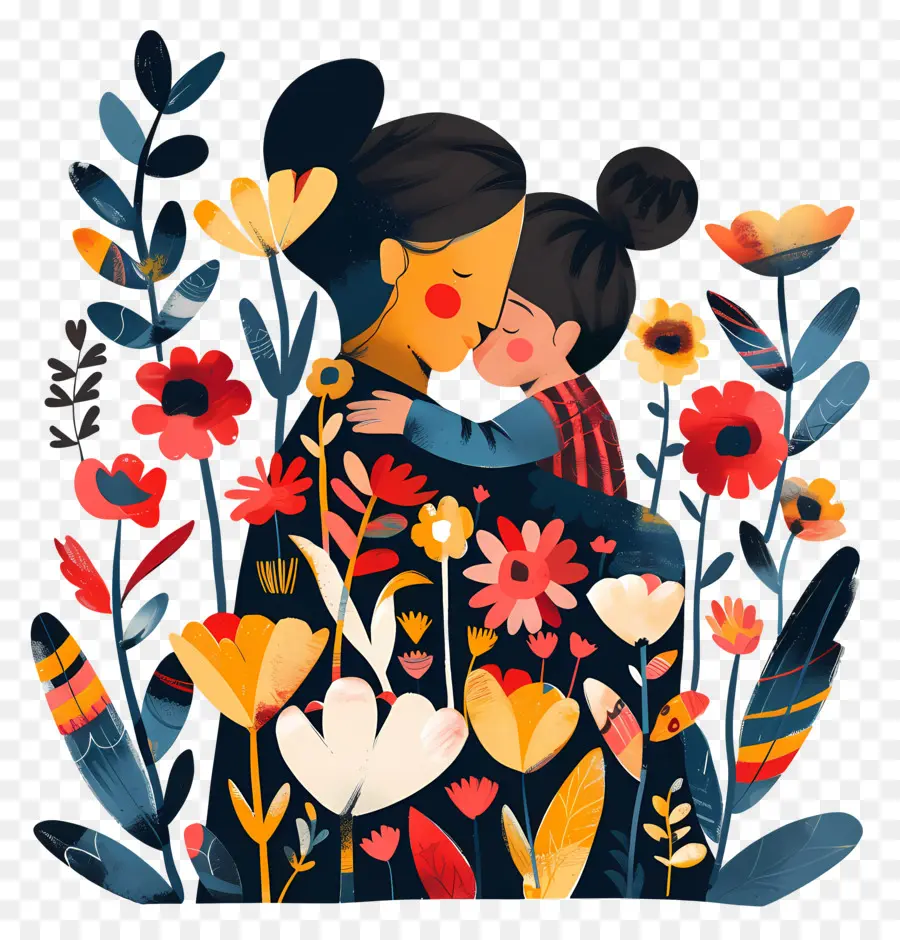 la festa della mamma - Madre e bambino che abbracciano nel campo di fiori