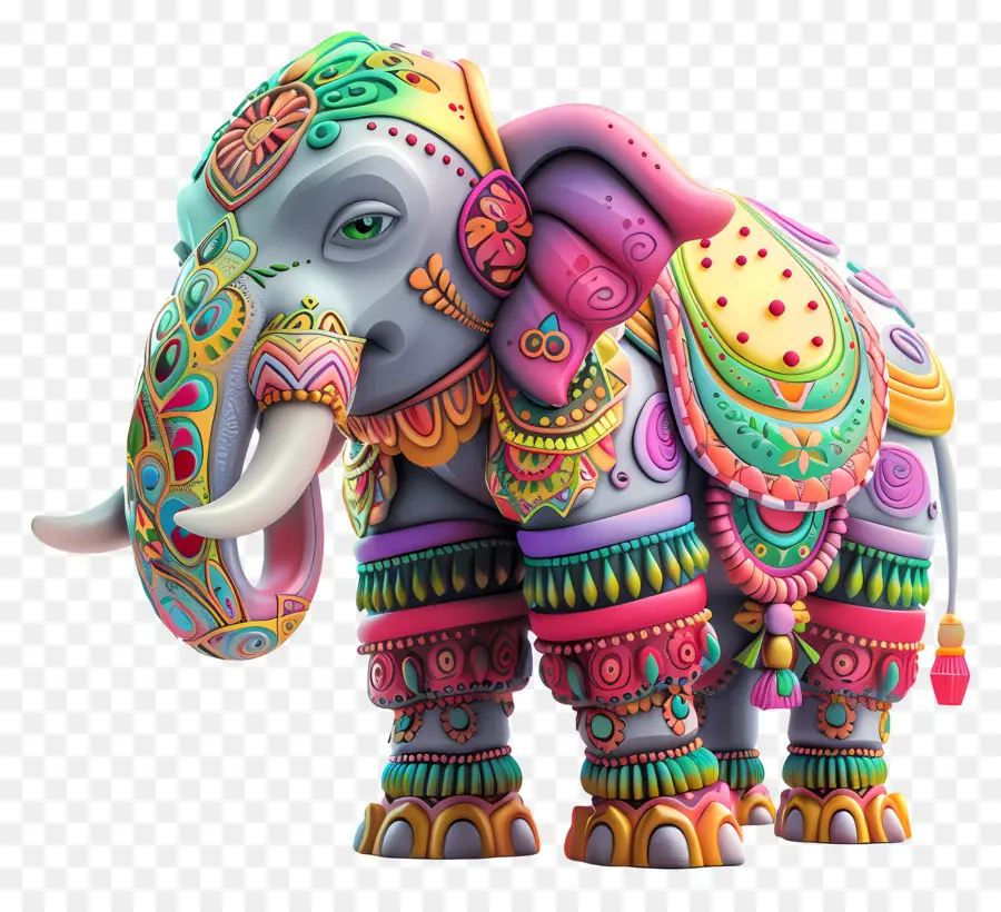 Songkran Festival Bunte Elefant verzierte Muster Lange Kofferraumtruppen - Buntes lächelnder Elefant mit verzierten Mustern