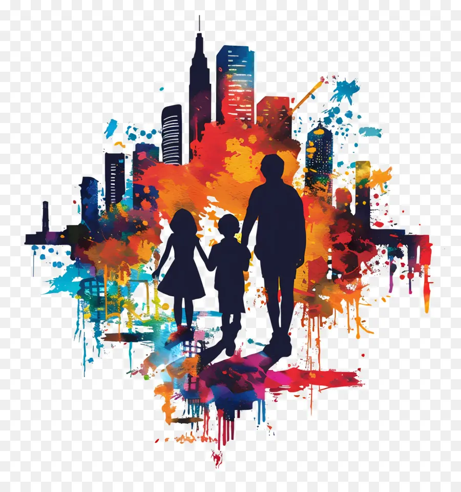 Famiglia silhouette - Coppia felice che cammina attraverso vibrante paesaggio urbano