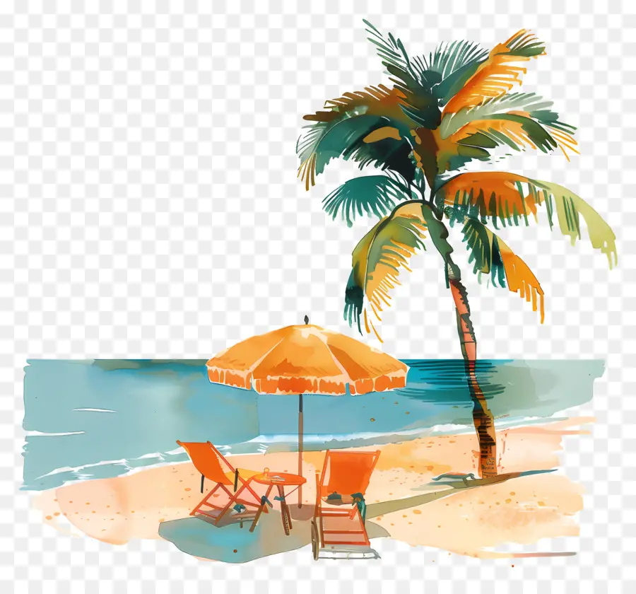 Sommerurlaub - Tropenstrand mit Palmen und Regenschirm