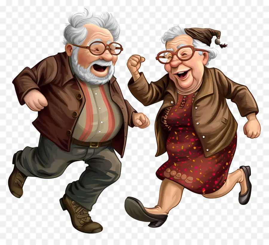Tanztag älteres Ehepaar, das einen aktiven Lebensstil für gesunde Altern läuft - Älteres Paar, das glücklich in hellen Kleidern rennt
