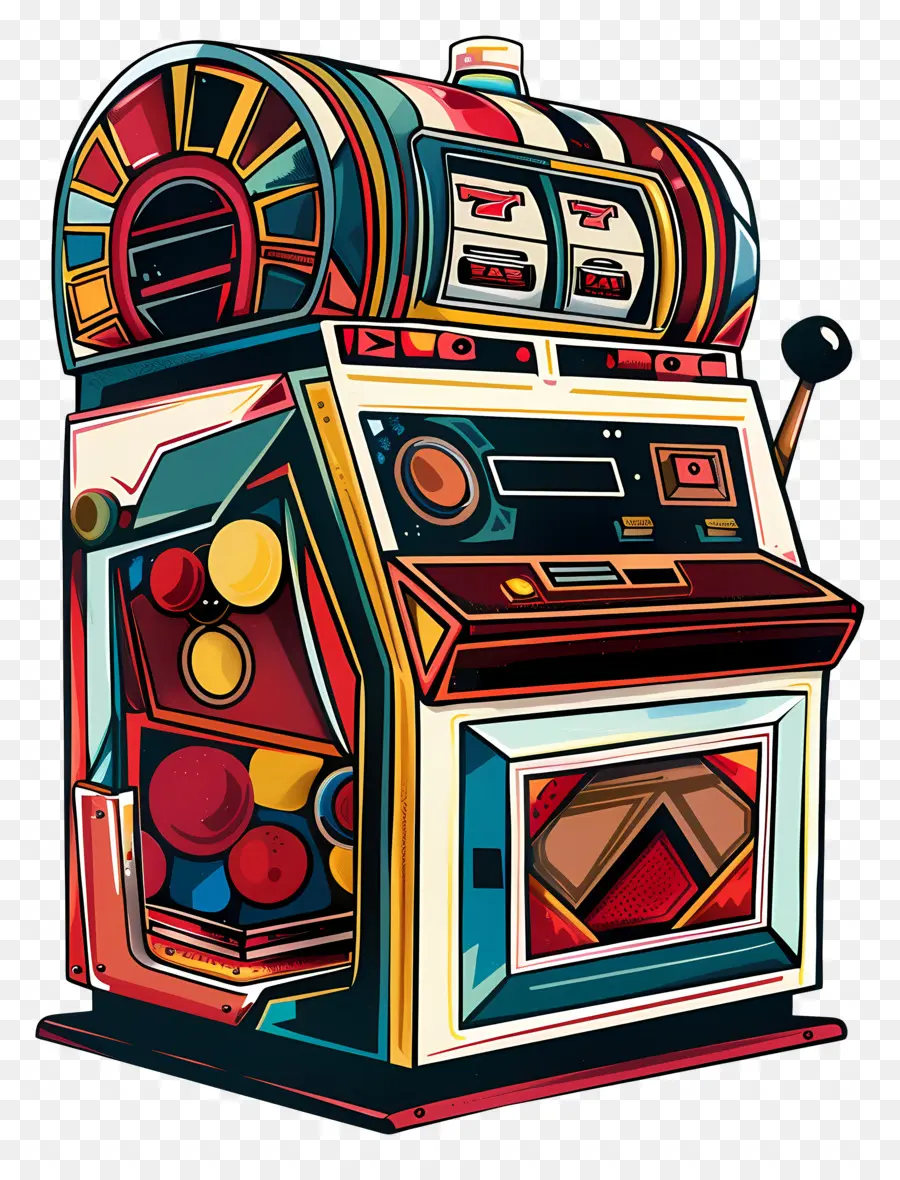 Slot Machine Vintage Slot Machine Bunte Illustration lebendige Lichterknöpfe - Bunte Vintage Slot Machine Illustration auf schwarzem Hintergrund