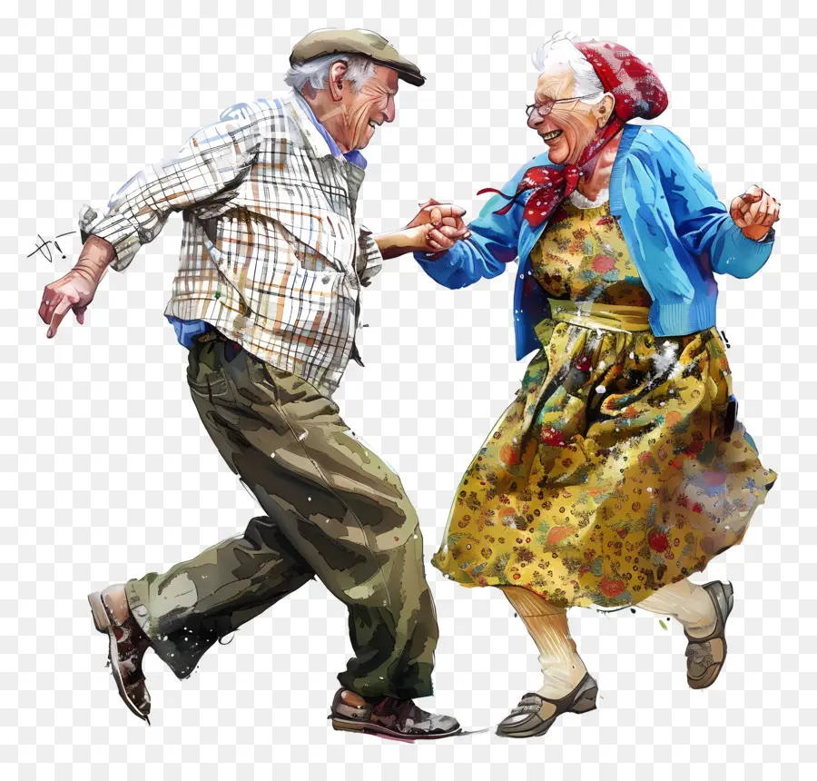 Tanztag Älteres Paar Tanzstraßenmalerei - Älteres Paar, das glücklich unter dem Nachthimmel tanzt