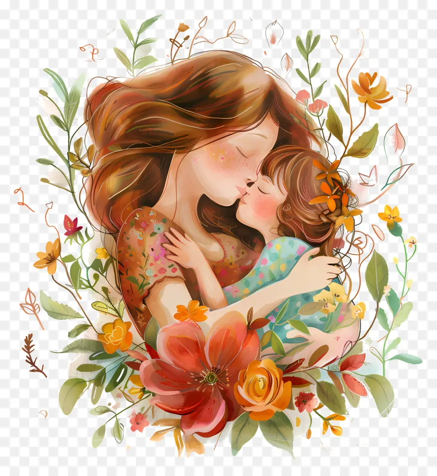 la festa della mamma - Madre che abbraccia il bambino in cornice floreale pacificamente serena