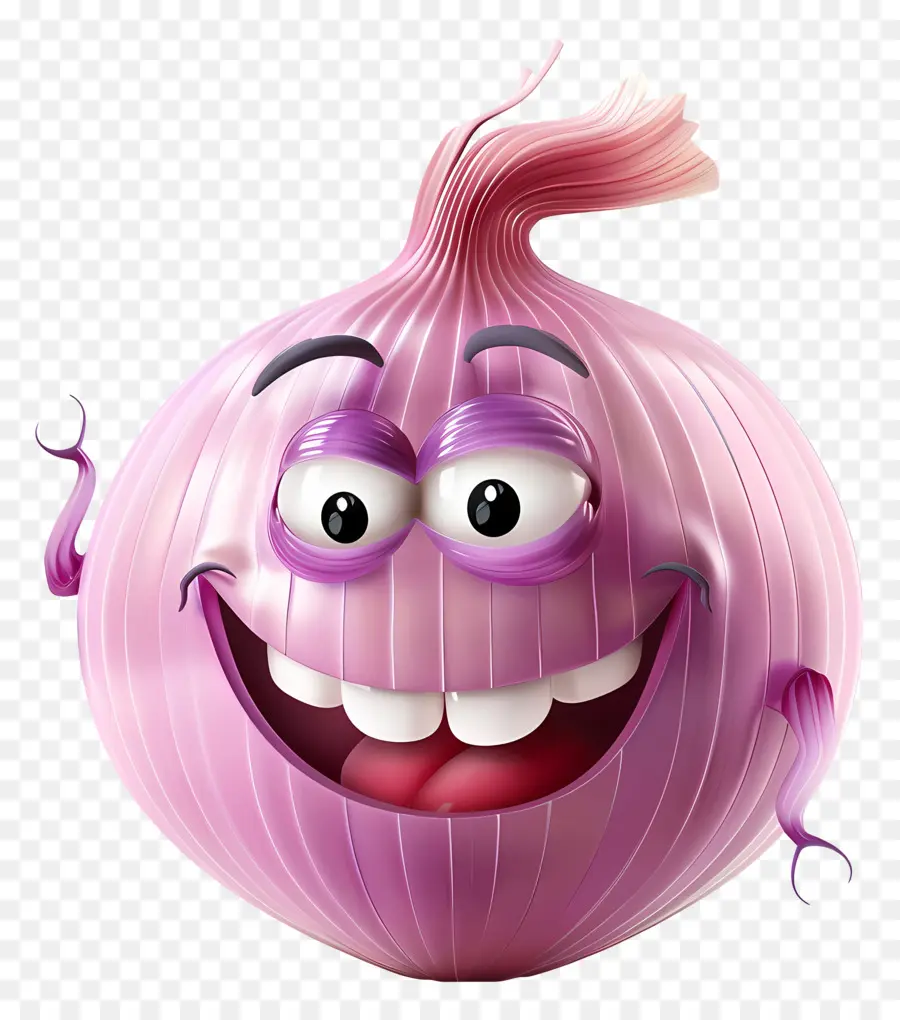 3D -Cartoon -Gemüse -Cartoon -Zwiebel rosa lächelnd - Cartoon rosa Zwiebel mit großem Lächeln