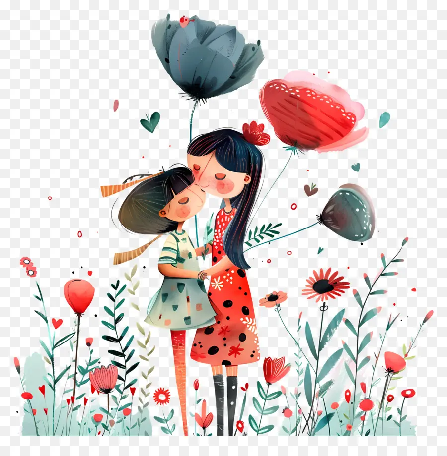 ngày của mẹ - Trẻ em ôm trên cánh đồng hoa dưới bầu trời